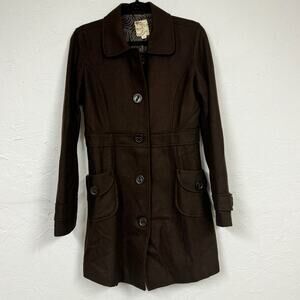 Tulle Brown Wool Pea Coat Long Womens L Preppy Classic Fall Winter Warm Jacket